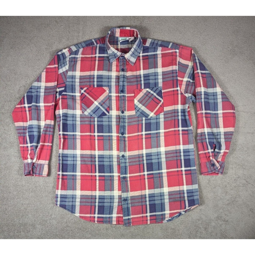 Ozark Trail Flannel Shirt Men's L Red Gray Plaid Long Sleeves Pockets Vintage